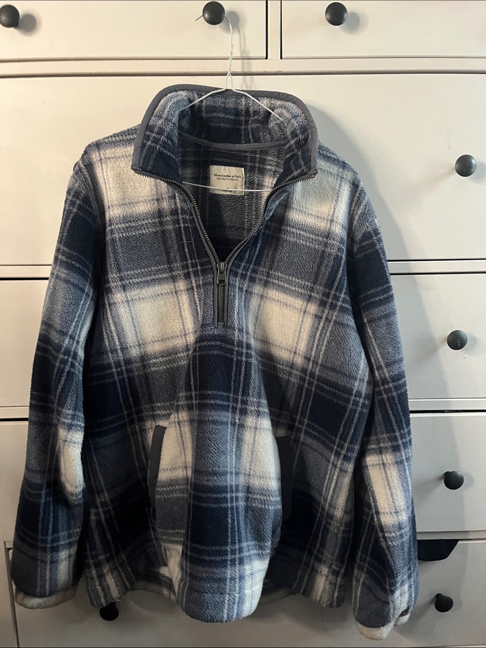 Abercrombie & Fitch Navy and White Plaid Half-Zip Fleece Pullover